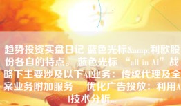 趋势投资实盘日记 蓝色光标&利欧股份各自的特点。 蓝色光标 “all in AI”战略下主要涉及以下AI业务：传统代理及全案业务附加服务• 优化广告投放：利用AI技术分析...